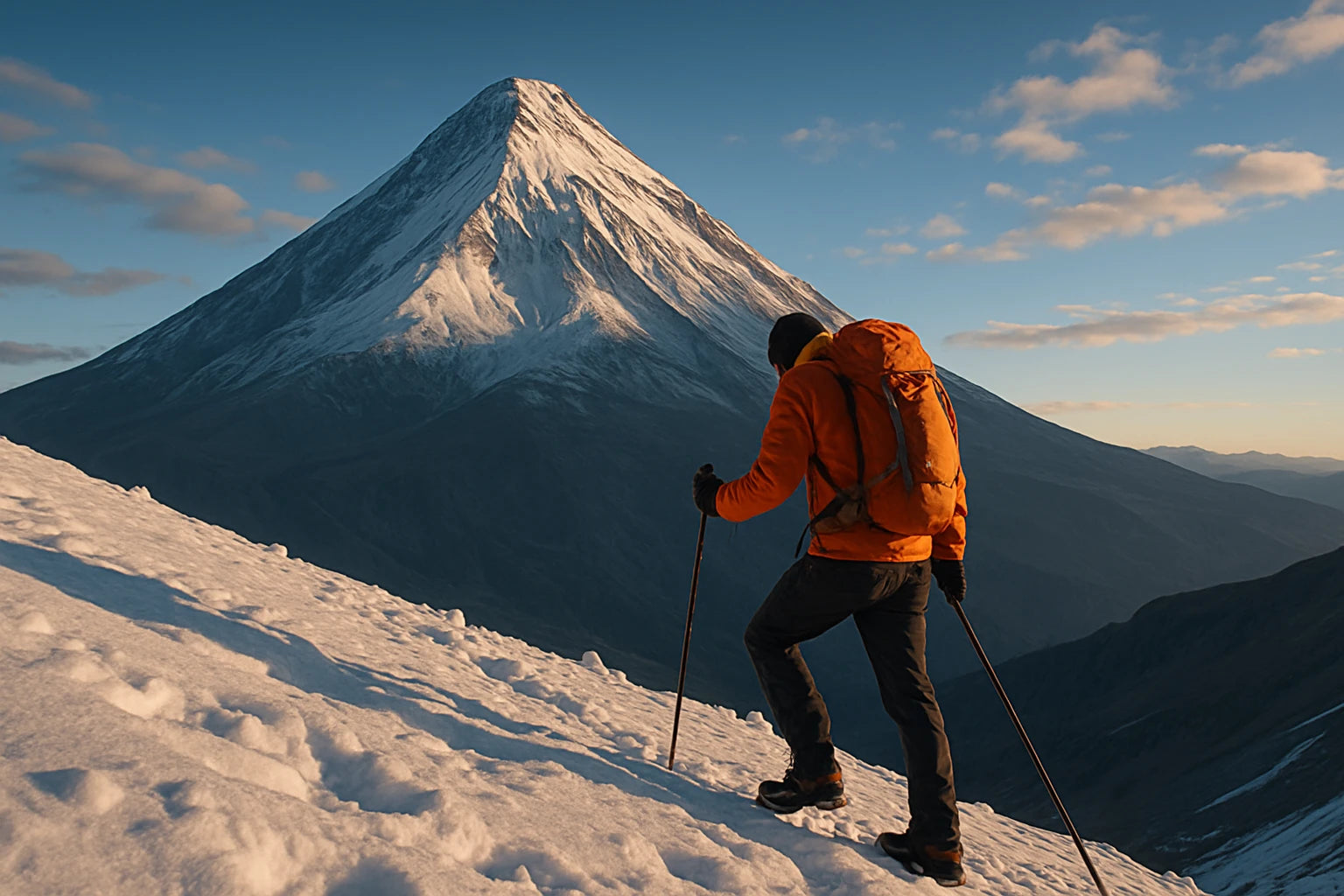 Alpinista ascendiendo una montaña nevada al amanecer, equipo de alpinismo y aventura de alta montaña.